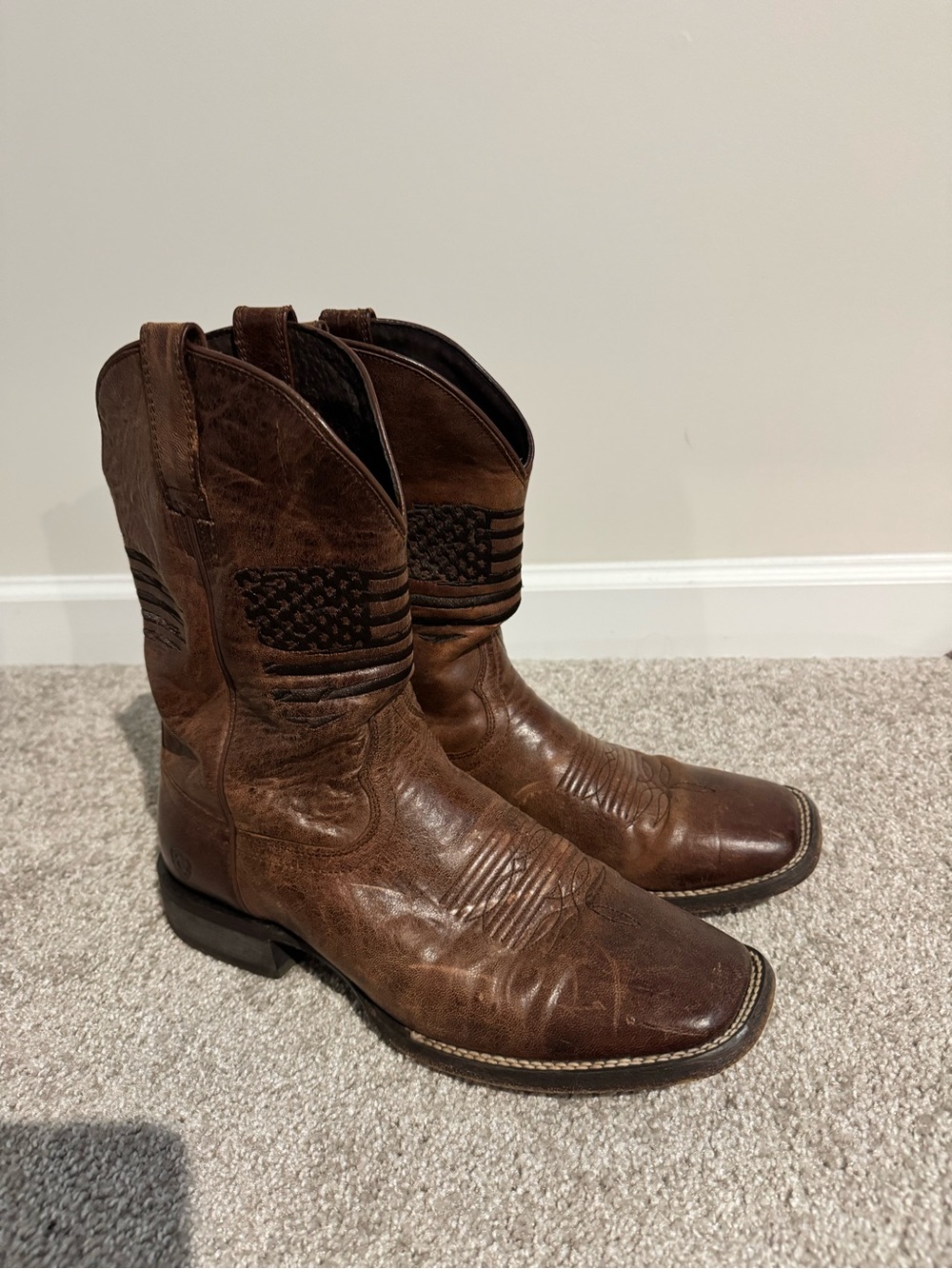 Ariat Brown Leather Western Boots with Flag Stitch Detail